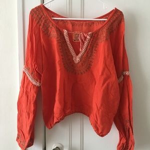 Free People Orange Embroidered Cropped Top